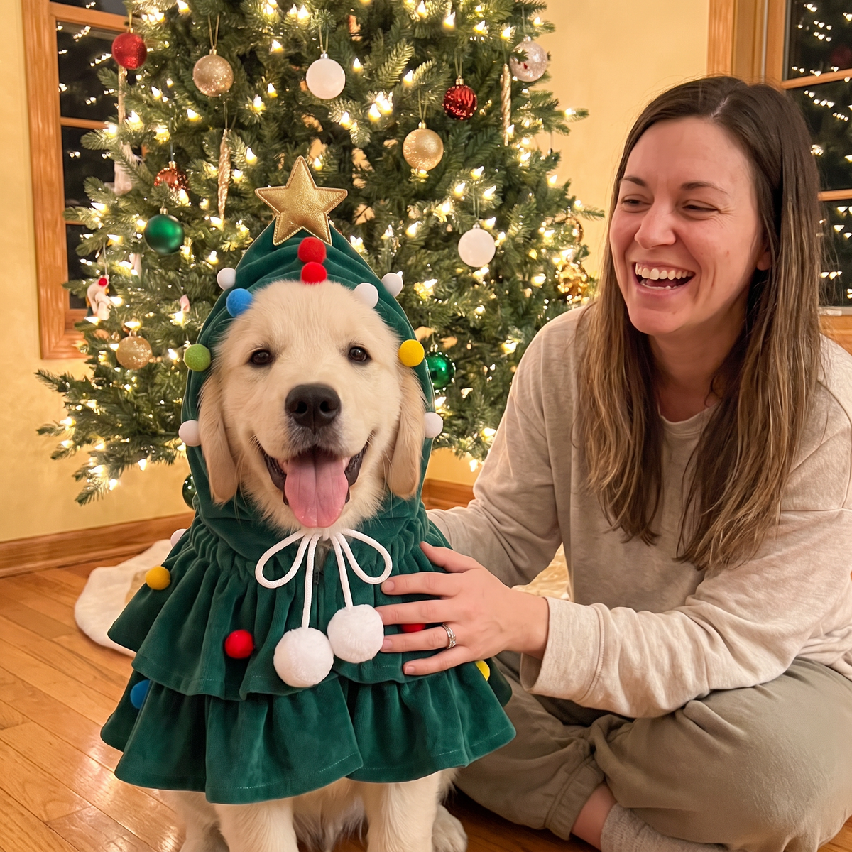 Cachorro con el disfraz de árbol de Navidad verde junto a su dueña frente al árbol navideño
