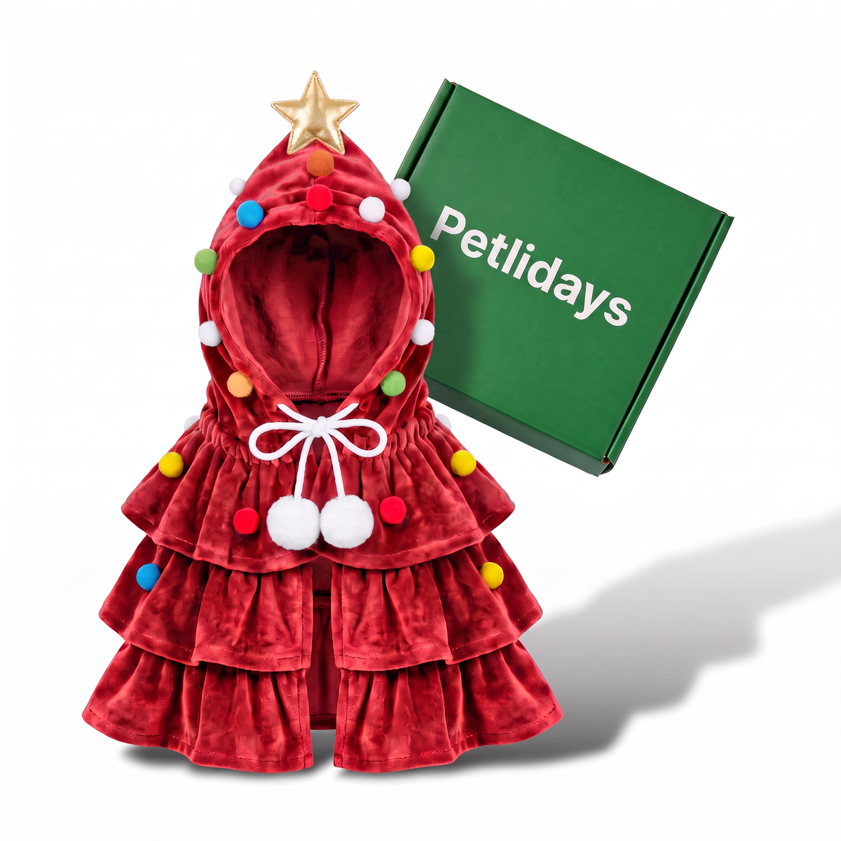 Disfraz de árbol de Navidad rojo para mascotas, con estrella dorada y pompones de colores