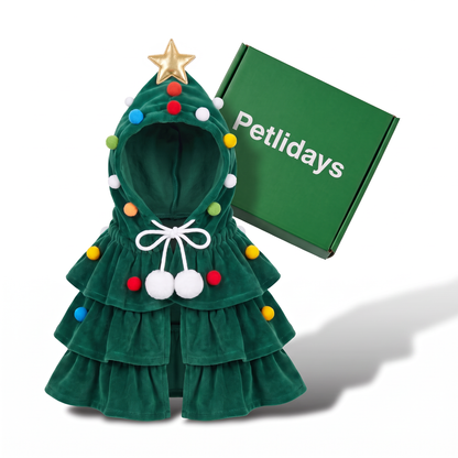 Disfraz de árbol de Navidad verde para mascotas, con estrella dorada y pompones de colores