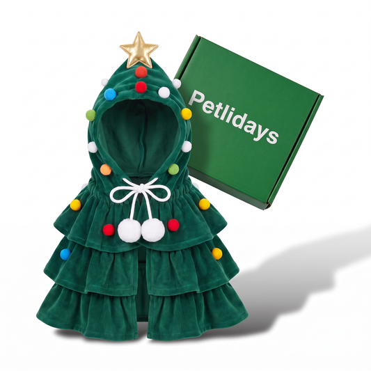 Disfraz de árbol de Navidad verde para mascotas, con estrella dorada y pompones de colores