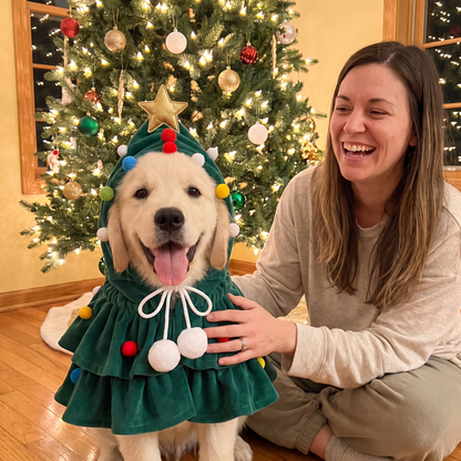 Cachorro con el disfraz de árbol de Navidad verde junto a su dueña frente al árbol navideño